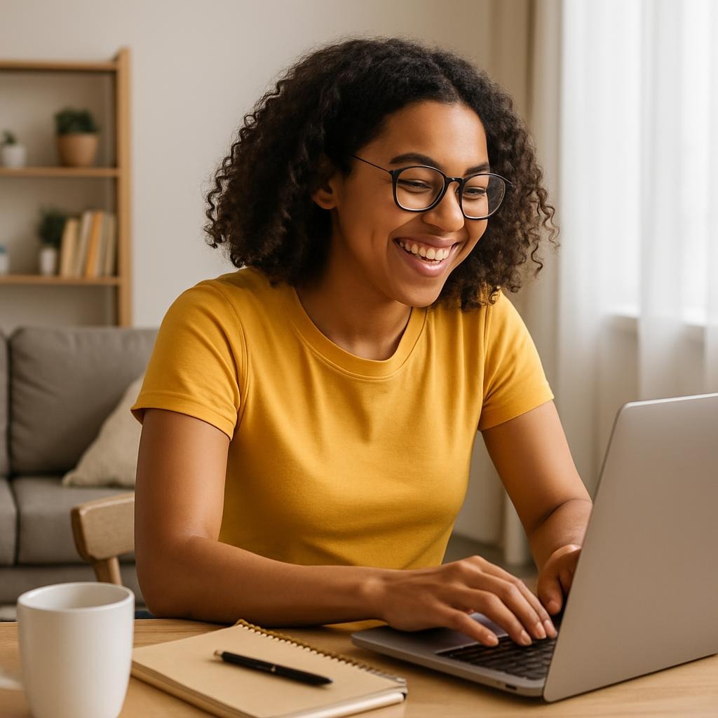 Mujer Felíz trabajando desde casa